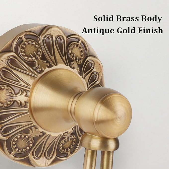 Wall Mounted Antique Brass Towel Hook Bathroom Hook for Clothing & Robe Hanger, Screws Install Shower, Vintage Gold Brass Petal-Relief Series Longhorn Double Hook