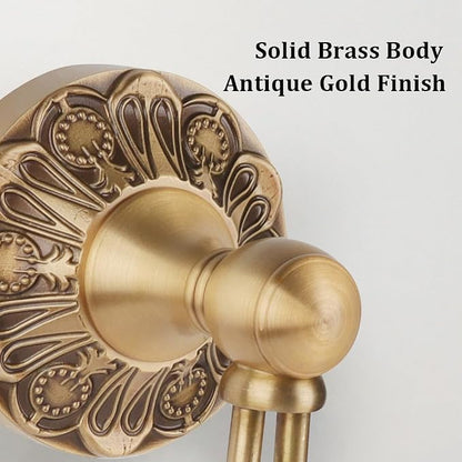 Wall Mounted Antique Brass Towel Hook Bathroom Hook for Clothing & Robe Hanger, Screws Install Shower, Vintage Gold Brass Petal-Relief Series Longhorn Double Hook