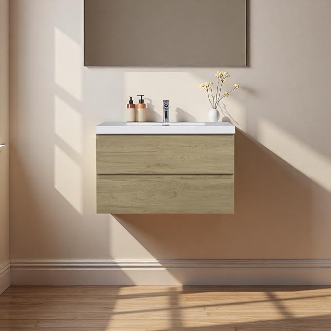 Floating Bathroom Vanity with Sink, 36" Wall-Mounted Bathroom Storage Cabinet with Resin Countertop & 2 Soft Close Drawers, Modern Stylish Vanity with Open Back Design, Easy to Clean, Oak