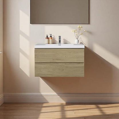 Floating Bathroom Vanity with Sink, 36" Wall-Mounted Bathroom Storage Cabinet with Resin Countertop & 2 Soft Close Drawers, Modern Stylish Vanity with Open Back Design, Easy to Clean, Oak