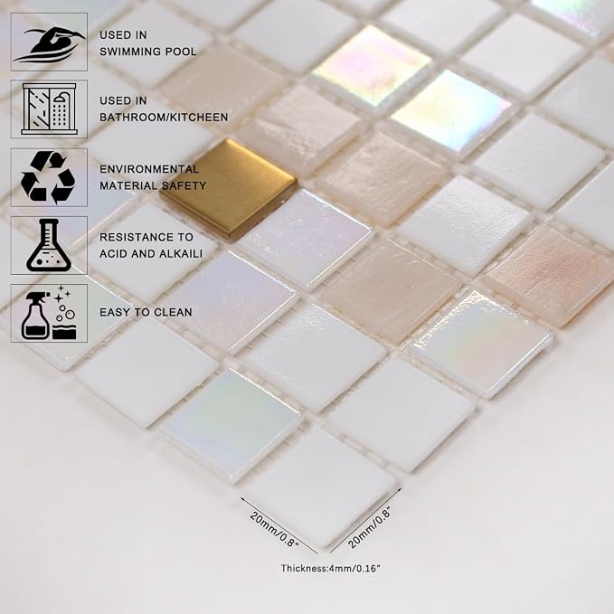 11.5 sq.ft White Glass Mosaic Tile for Bathroom, Pool, Kitchen Backsplash | Waterproof Wall & Floor Tile. Heat & frost resistant outdoors. Mesh-mounted easy install. Use any grout. Easy clean. 10pcs.