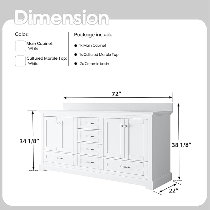 WELLFOR 72 Inch Bathroom Vanity with Double Sinks, Solid Wood Bathroom Vanity W/4 Soft-Close Doors and 6 Drawers, Cultured Marble Countertop Bathroom Vanities W/Two Sinks (White)