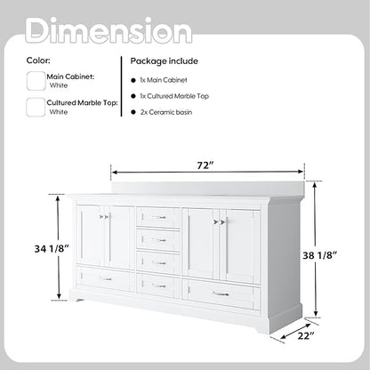 WELLFOR 72 Inch Bathroom Vanity with Double Sinks, Solid Wood Bathroom Vanity W/4 Soft-Close Doors and 6 Drawers, Cultured Marble Countertop Bathroom Vanities W/Two Sinks (White)