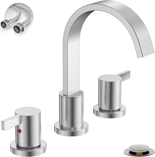 Phiestina 8 Inch Brushed Nickel Waterfall 2-Handle 3-Hole Widespread Bathroom Faucet with Pop-up Drain and Valve, WF40-1-BN