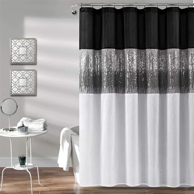 Lush Decor Night Sky Shower Curtain, Single, 72" W x 72" L, Black & White - Sequin Shower Curtain - Sparkly Color Block Bath Curtain - Modern Glam Bathroom Decor