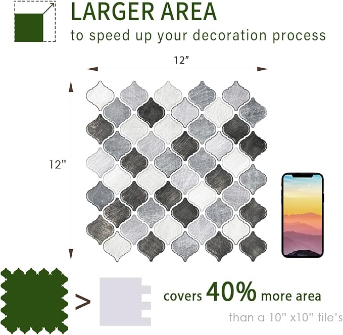 STICKGOO 10-Sheet Arabesque Tile Peel & Stick Backsplash, 12”X12” Gray Self-Adhesive Kitchen Backsplash Tiles (Thicker Design)