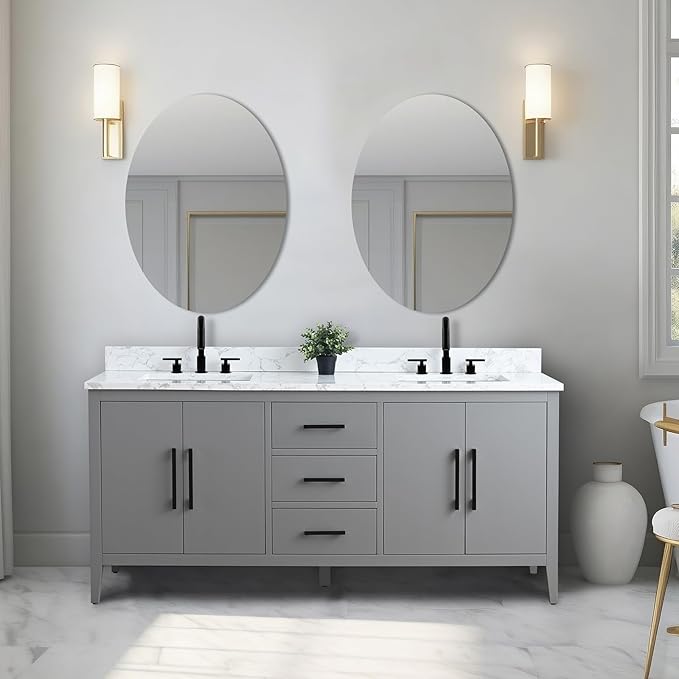 Vanity Art 72 inch Bathroom Vanity with Double Sink & Ceramic Top, Vanity Cabinet with Soft-Closing Doors, Drawers, Solid Wood Frame, Cashmere Gray, Matte Black Handware