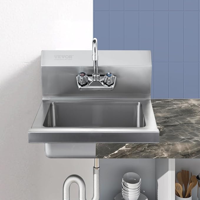 VEVOR Commercial Hand Sink with Faucet, Stainless Steel Sink for Washing, Small Washing Sinks, Wall Mount Hand Basin, Utility Sink for Restaurant, Kitchen, Bar, Garage and Home, 17 x 15 inch