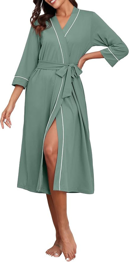 PrinStory Robes for Women 3/4 Sleeve Long Bath Robe XS-4XL | V-Neck Knit Bathrobe with Pockets, Lightweight, Soft, Breathable Robes for Shower, Spa, Travel, Home, Party, Nursing