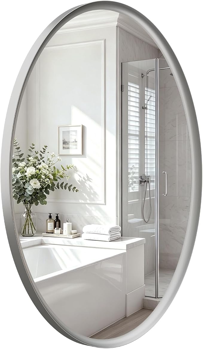 Brushed Nickel Oval Bathroom Mirror 24x36 Inch | Silver Vanity Mirror, Crystal-Clear HD Glass, Rust-Proof Aluminum Frame, Inner-Curved Decor for Bedroom, Entryway Renovation