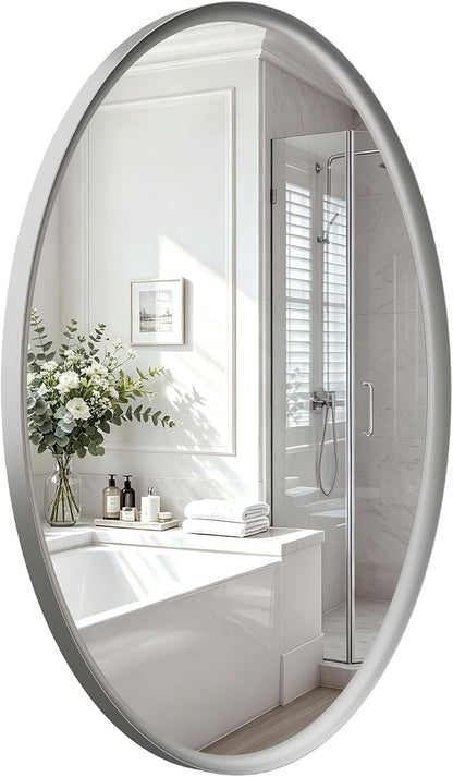 Brushed Nickel Oval Bathroom Mirror 24x36 Inch | Silver Vanity Mirror, Crystal-Clear HD Glass, Rust-Proof Aluminum Frame, Inner-Curved Decor for Bedroom, Entryway Renovation