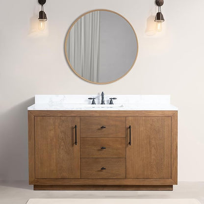 Vanity Art 60" Bathroom Vanity with Sink, Solid Poplar Wood Vanity Cabinet with Doors and Shelf, Modern Bathroom Vanity with White Marble Top, 3 Functioning Drawers,VA70-60-ST-E