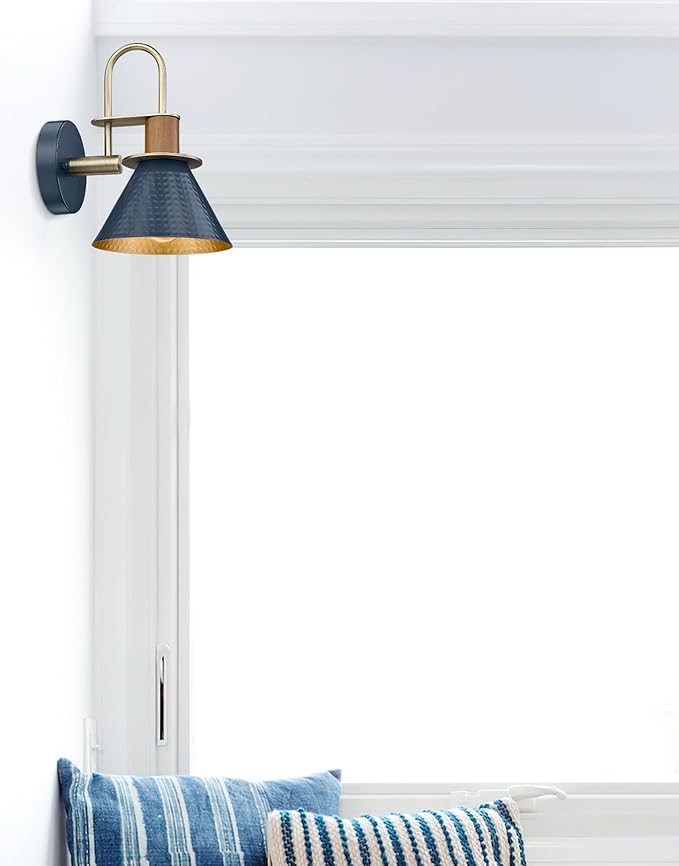 HWH Rustic Wall Sconces, Industrial Sconce Wall Lighting Indoor Wall Lamp, 1-Light Barn Vanity Light for Bathroom Bedroom Bedside, Hammered Metal Shade, Navy Blue Finish, 5HZG74B BL+BG