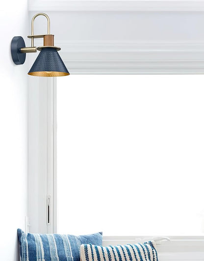 HWH Rustic Wall Sconces, Industrial Sconce Wall Lighting Indoor Wall Lamp, 1-Light Barn Vanity Light for Bathroom Bedroom Bedside, Hammered Metal Shade, Navy Blue Finish, 5HZG74B BL+BG