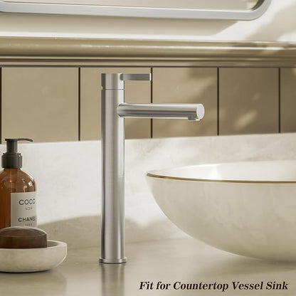 Single Hole Tall Brushed Nickel Vessel Bathroom Sink Faucet, One Hole Single Handle Modern Bathroom Faucet, with Pop Up Drain and Water Supply Line,FH01-BN-V