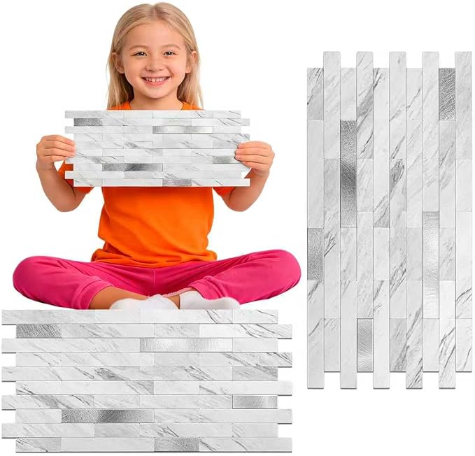 Peel and Stick Backsplash Tile Waterproof Removable PVC Wall Sticker 3D Faux Stone Marble Brick White Accent Panels (White Marble - Metal Silver, 20 Tiles - 9 sq. ft. (0.84 M²))