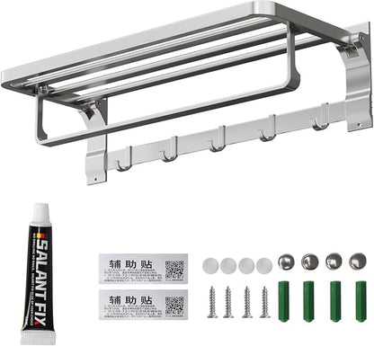 90°Foldable Towel Rack for Bathroom, 23 Inch Wall Mounted Towel Holder with Shelf & 5 Hooks, Rustproof Space Aluminum Towel Bar, Hotel, Kitchen, Laundry, Silver