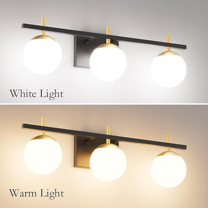 Ralbay Mid Century Modern Bathroom Vanity Lights Black and Gold Milky Glass Modern Bathroom Vanity Lights Over Mirror, Black/Golden 3-Light (Exclude Bulb)