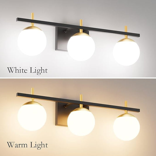 Ralbay Mid Century Modern Bathroom Vanity Lights Black and Gold Milky Glass Modern Bathroom Vanity Lights Over Mirror, Black/Golden 3-Light (Exclude Bulb)