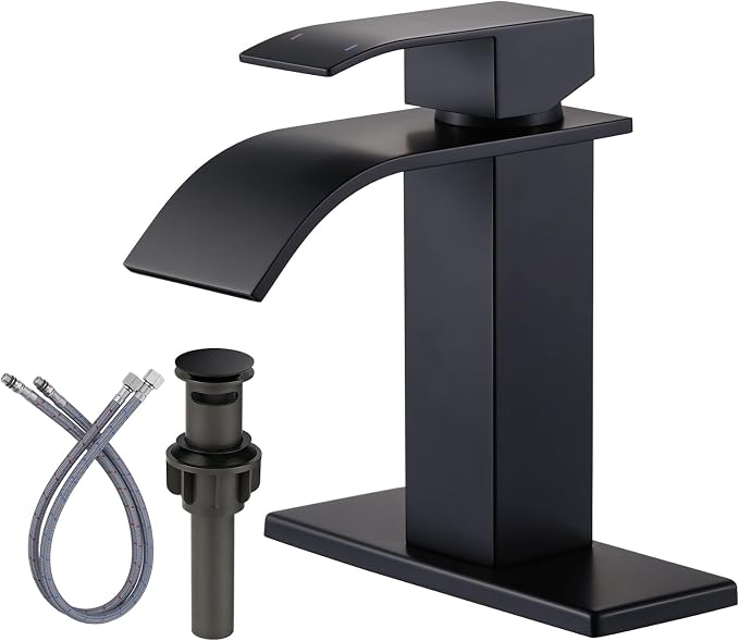 ARCORA Waterfall Bathroom Faucet Matte Black Faucet for Bathroom Sink Single Handle Mixer Tap Lavatory Vanity Faucet with Deck Plate and Pop Up Drain, 1 or 3 Hole