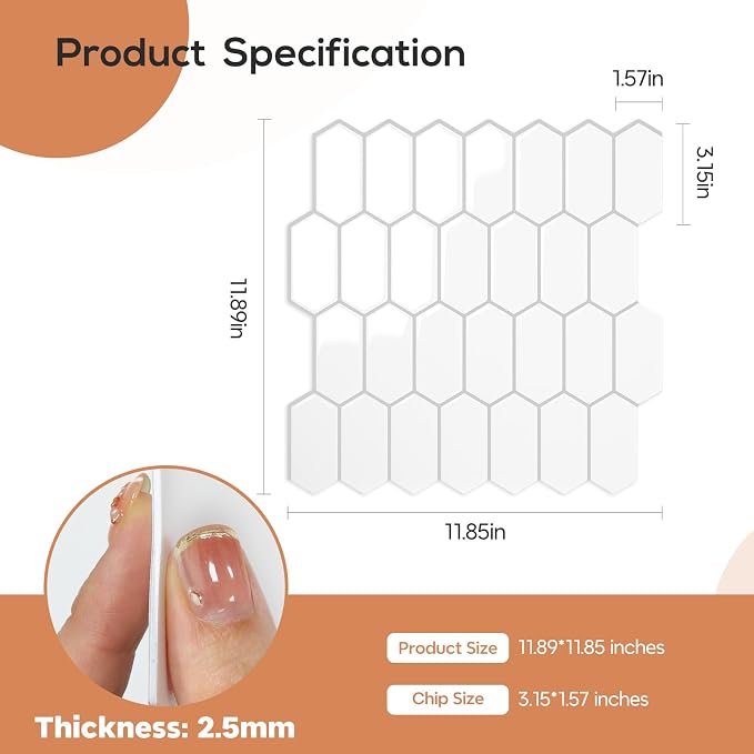 Vamos Tile Thicker Design Long Hexagon Peel and Stick Backsplash Tile | 10-Sheet Pure White with Gray Grout Self Adhesive Wall Tiles Stick On Backsplash for Kitchen Bathroom RV Fireplace