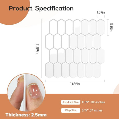 Vamos Tile Thicker Design Long Hexagon Peel and Stick Backsplash Tile | 10-Sheet Pure White with Gray Grout Self Adhesive Wall Tiles Stick On Backsplash for Kitchen Bathroom RV Fireplace