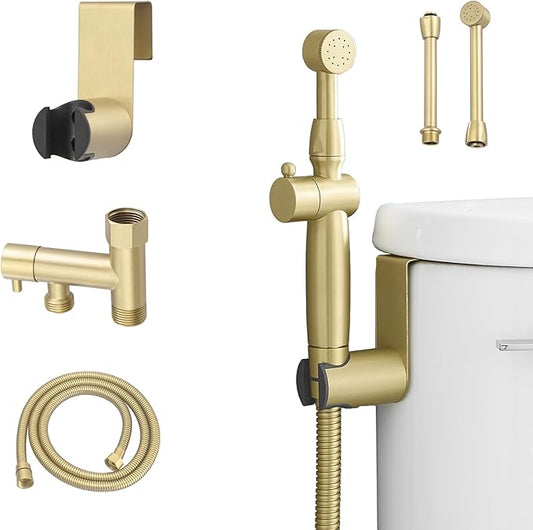 Bidet Sprayer for Toilet Brushed Gold Bidet Attachment for Toilet with Adjustable Pressure Control 3”-11” Spray Reach Brass Cloth Diaper Sprayer