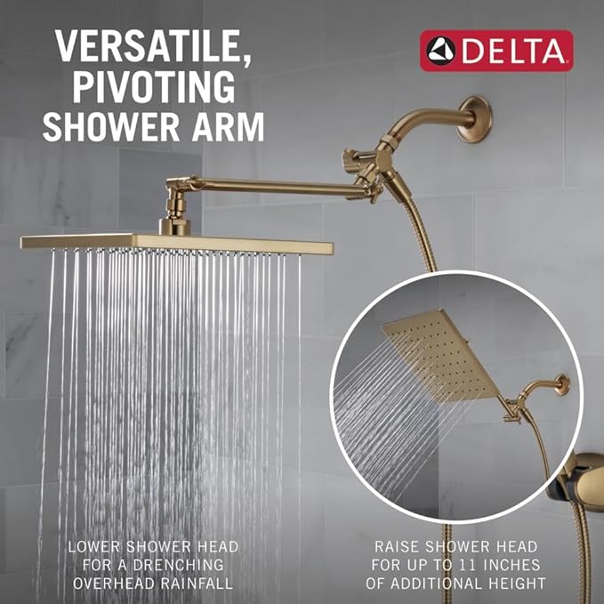 Delta Faucet 10-inch Raincan Shower Head and Hand Held Shower Combo, Gold Square Shower Head, Rainfall Shower Head, Hand Shower, High Pressure Shower, 1.75 GPM Flow Rate, Champagne Bronze 75527-CZ