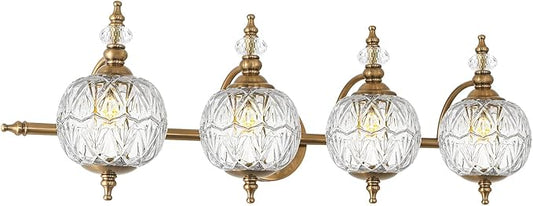 Brushed Gold Bathroom Vanity Light Fixture Vintage Style - 4 Light G9 Bulb Compatible, 30" Wide Bathroom Lighting Over Mirror with Hand-Etched Glass Shades, Easy Mount for Makeup Area