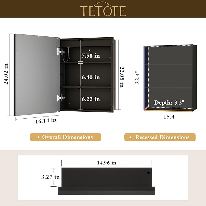 TETOTE Black Lighted Medicine Cabinet with Tempered Glass Mirror 16 x 24 Black Metal Led Recessed Medicine Cabinet for Bathroom with Lights and Storage, 3 Color Dimming, Anti-Fog, 2 Outlets