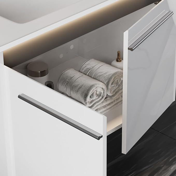 AMERLIFE 31" LED Floating Bathroom Vanity with Single Sink, Modern High Gloss Wall Mounted Bathroom Storage Cabinet with Metal Handles, White