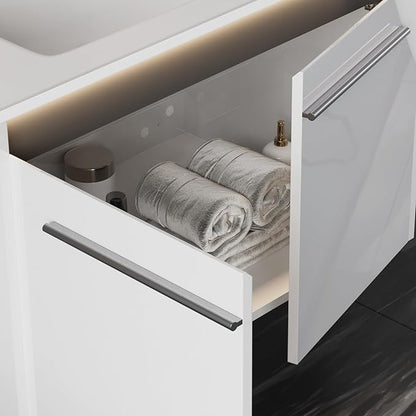 AMERLIFE 31" LED Floating Bathroom Vanity with Single Sink, Modern High Gloss Wall Mounted Bathroom Storage Cabinet with Metal Handles, White