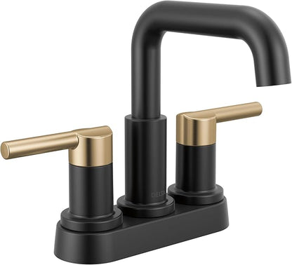 Delta Nicoli Centerset Matte Black/Brushed Gold Bathroom Faucet, 4 Inch 3 Hole Bathroom Sink Faucet for Vanity, Push-Pop Drain Assembly, Matte Black/Champagne Bronze 25849LF-GZ