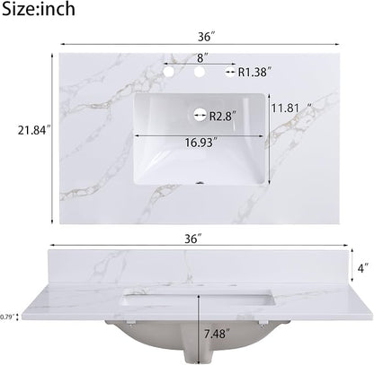 36x22 Vanity Top with Sink, Golden Calacatta Quartz Countertop with Middle Undermount Sink & Backsplash,8in. Faucet Hole Spacing Bathroom Vanity Sink Top