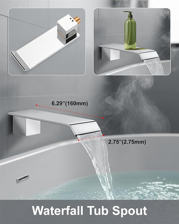 Aolemi Shower System with Tub Spout and Valve Polish Chrome | 10-Inch Square Wall Mounted Rainfall Shower Head and Handheld,3-Function Bathtub Shower Faucet Set