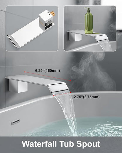 Aolemi Shower System with Tub Spout and Valve Polish Chrome | 10-Inch Square Wall Mounted Rainfall Shower Head and Handheld,3-Function Bathtub Shower Faucet Set