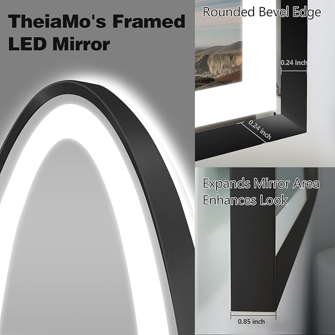 Arched LED Bathroom Mirror, 48"x24" Arch Backlit Vanity Mirror with Lights, Frontlit, Dimmable, 3 Colors, Memory Function, Anti-Fog Smart Mirror, Black Frame, Shatterproof, UL Listed