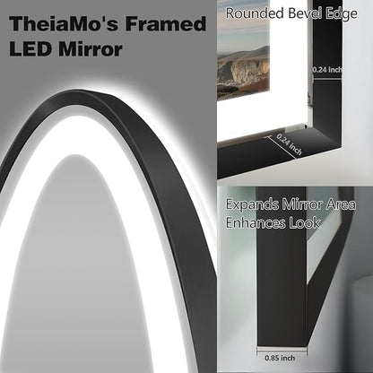 Arched LED Bathroom Mirror, 48"x24" Arch Backlit Vanity Mirror with Lights, Frontlit, Dimmable, 3 Colors, Memory Function, Anti-Fog Smart Mirror, Black Frame, Shatterproof, UL Listed