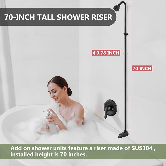 Tub Shower Conversion Kit with Riser and Shower Head, Matte Black | 70-Inch SUS304 Shower Riser, 360° Swivel Head, Diverter Tub Spout, Wall Mount
