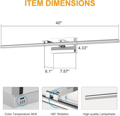 LED Bathroom Vanity Light, Modern Bathroom Light Fixture Over Mirror (3000K/4000K/6000K, Dimmable), Vanity Light Bar with Angle Adjustable, 40 Inch, Chrome
