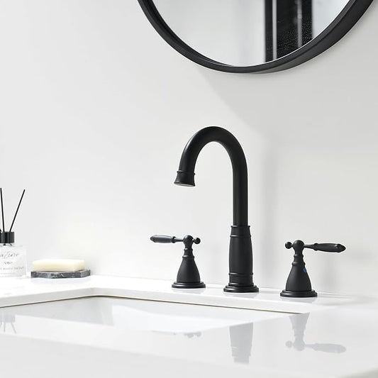 Black Widespread Bathroom Faucet 3 Holes - 8In Two Handles faucets for Bathroom Sink | Vintage Antique Lavatory Vanity Sink Faucets with Pop-up Drain Assembly & Supply Lines Matte Black