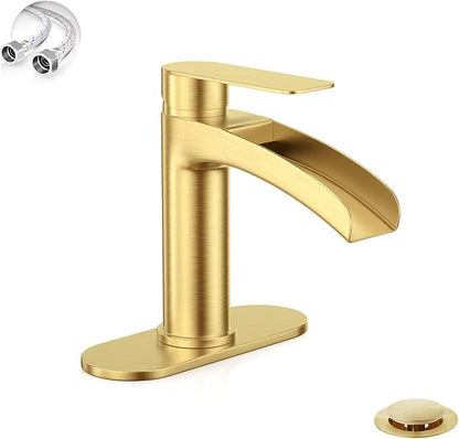 Phiestina Single Handle Waterfall Faucet for Bathroom Sink in Brushed Gold Finish, with 6-Inch Deck Plate,Metal Pop Up Drain Assembly & CUPC Water Supply Lines,NS-SF01-BG