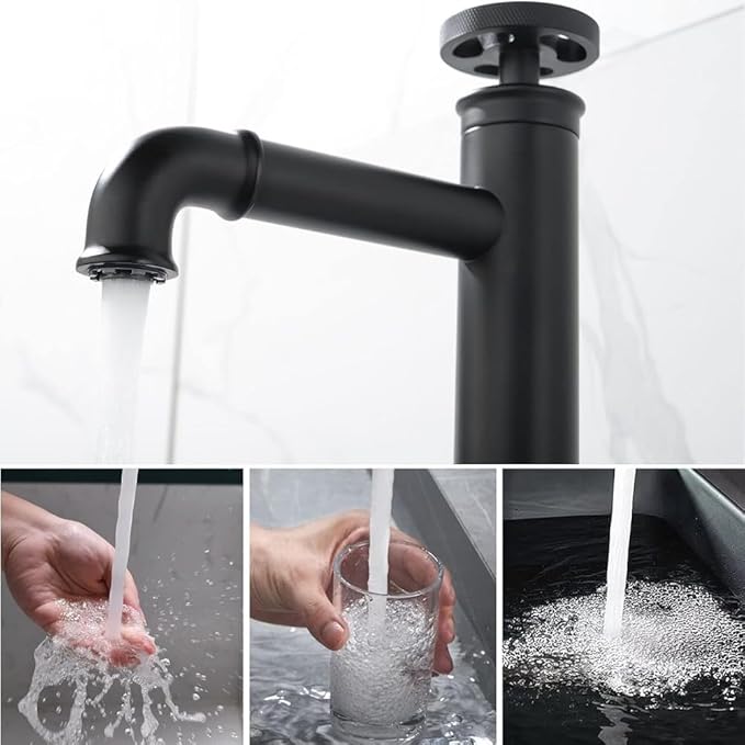 Industrial Bathroom Faucet Brass, Single Hole One Wheel Handle, Tall Deck Mounted Sink Cold and Hot Water Mixer Tap-Bright Gold(Matte Black)