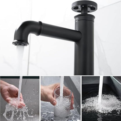 Industrial Bathroom Faucet Brass, Single Hole One Wheel Handle, Tall Deck Mounted Sink Cold and Hot Water Mixer Tap-Bright Gold(Matte Black)