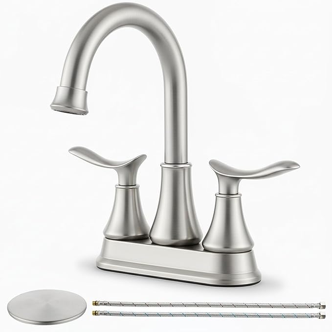 KINGO HOME Modern Brushed Nickel 2-Handle Bathroom Faucet, 4 inch Centerset RV Bathroom Sink Faucet Lavatory Bath Sink Vanity Faucet with Water Supply Lines and Pop Up Drain