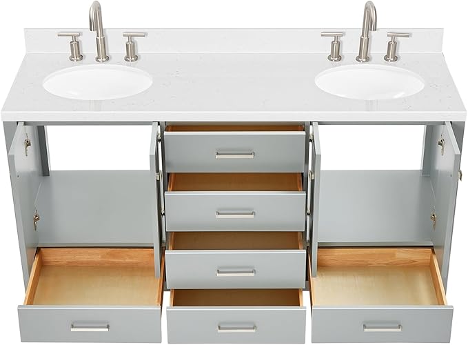 ARIEL Cambridge 66-inch Bathroom Vanity with Sink,Solid Wood, 1.5-inch Carrara White Quartz Countertop & Backsplash, Double Oval Porcelain Sink, 4 Soft Closing Doors, 6 Dovetail Drawers, Grey
