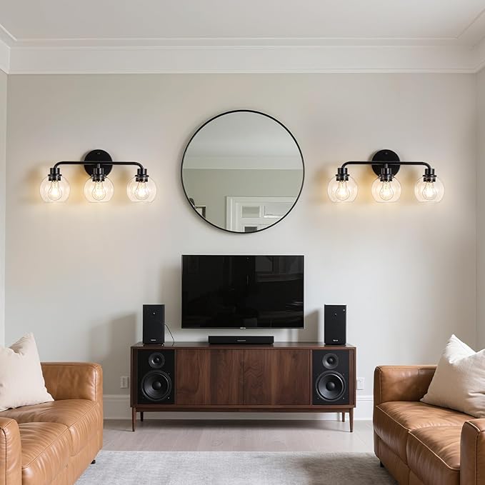 Bathroom Light Fixtures Black Vanity Light, 3 Light Modern Wall Sconces Lighting Bathroom Lights with Globe Clear Glass Shades, Bath Wall Lights Wall Lamp for Mirror Kitchen Living Room Hallway | Wall Sconces Lighting with Globe Clear Glass Shades, Bat...