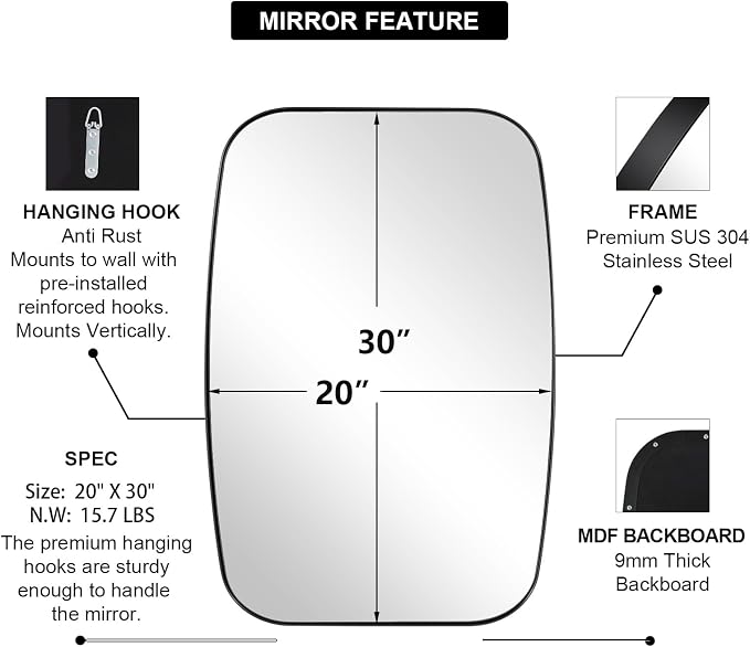 Oval Mirrors for Bathroom, 20x30’’ Black Bathroom Vanity Mirror with Metal Frame, Black Oblong Bathroom Mirror for Over Sink, Modern Anti Rust Wall Mounted