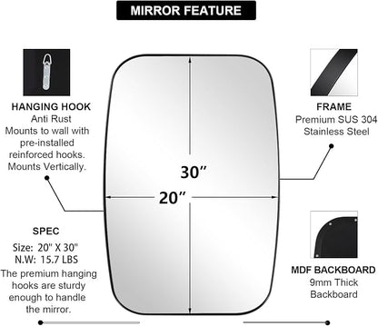Oval Mirrors for Bathroom, 20x30’’ Black Bathroom Vanity Mirror with Metal Frame, Black Oblong Bathroom Mirror for Over Sink, Modern Anti Rust Wall Mounted