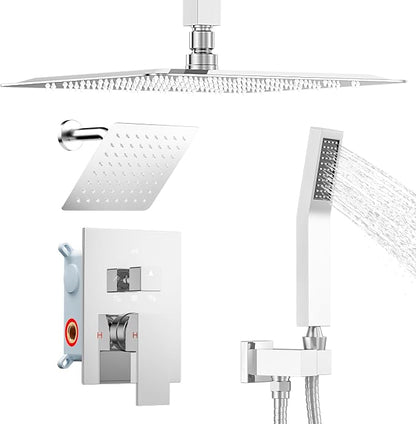 Shower System Shower Faucet Set, STARBATH 12"+6" Ceiling Mount Rain Shower Head and Handheld Spray for Two Person, Rainfall Shower System with Diverter Valve and Trim Kit Complete,Chrome